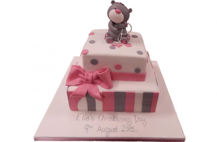 Tiered Christening Cake with Bow & Bear