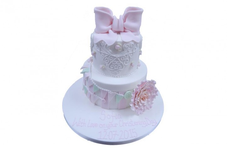 Tiered Christening Cake with Bunting, Lace & Bow