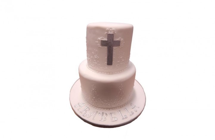Tiered Christening Cake with Cross & Piping Detail